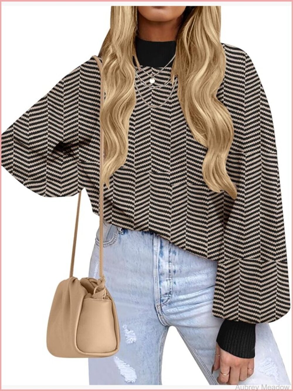 Oversized Mock Neck Striped Knit Pullover Sweater